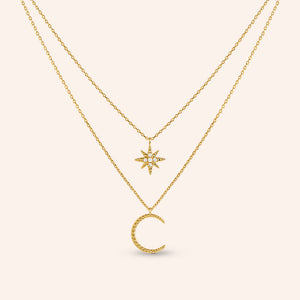 "Cosmic" 0.1CTW Pave Star & Moon Layered Necklace