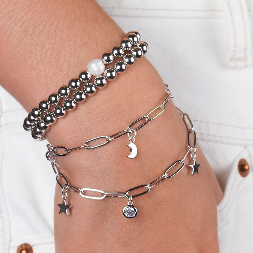 "Celestine" Moon and Star Charms Double Clip Chain Bracelet
