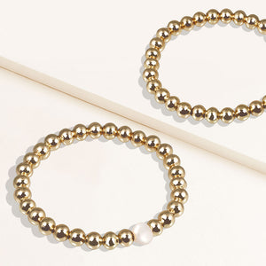 "Serena"  Set of Two Pearl & Highly Polished Beads Stretch Bracelets