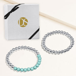 "Serena"  Set of Two Turquoise & Highly Polished Beads Stretch Bracelets