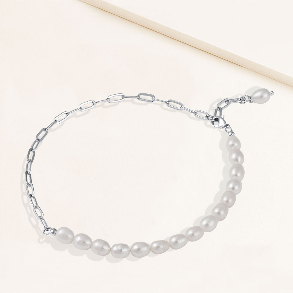 "Side-By-Side" Cultured Freshwater Oval Pearls Clip Chain Anklet