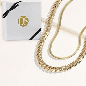 "Lola Duo" Set of Two Herringbone & Large Curb Chain Layering Necklaces