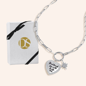 "She Believed She Could, So She Did" Multi Charm Thin Link Chain 18" Necklace Set - Pave Heart & North Star Charms