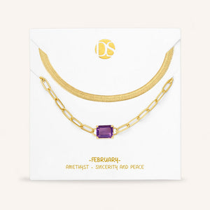 "Personal Touch" Set of Two Emerald Cut Birthstone Clip Chain & Herringbone Layering Necklaces