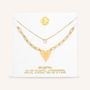 "Initial This" Set of Two Initial Heart & Solitaire Layering Necklaces