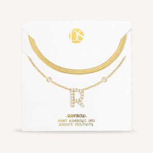 "Ready-Set-Sparkle" Set of Two Pave Initial & Herringbone Layering Necklaces