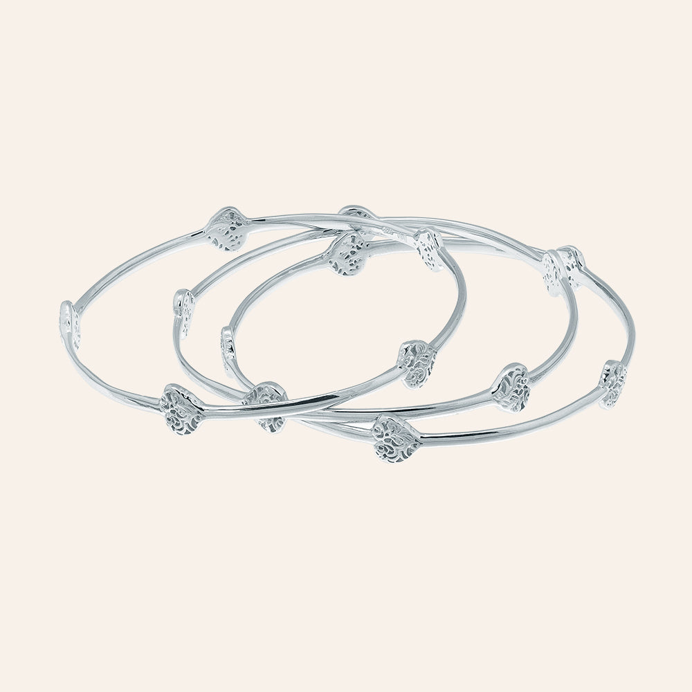 "Sacred Heart" Sterling Silver Set of Three High Polished Heart Bangles
