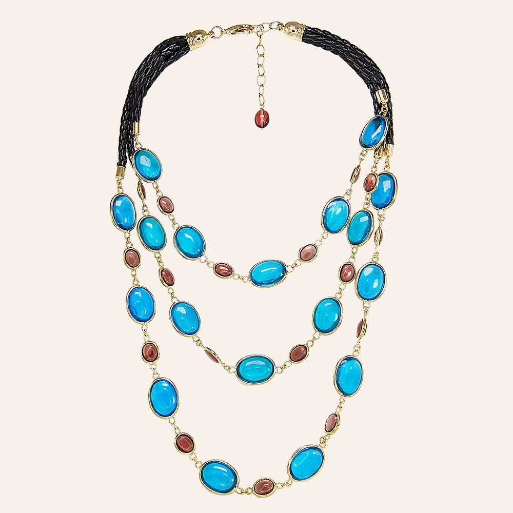 "Candy" Faceted Crystals Amethysts and Blue  3 Rows Statement Necklace / Gold Tone