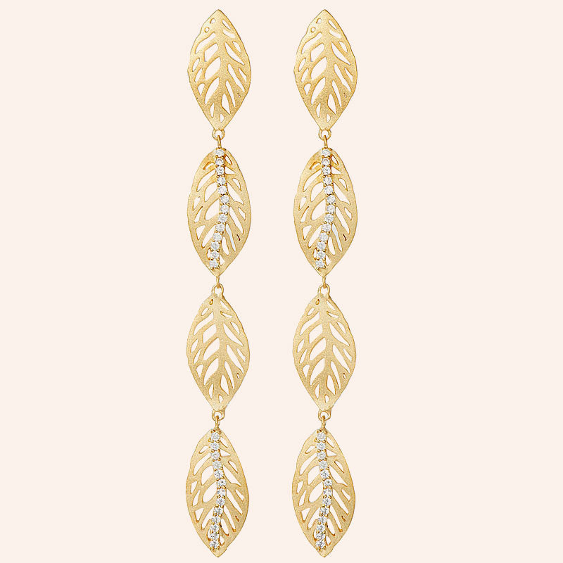 "Sweet Petiole" Pave Linear Leaves Drop Earrings