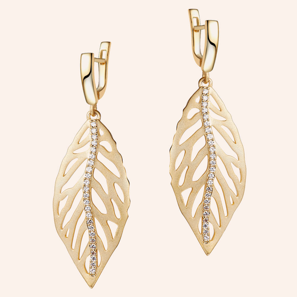 "Sweet Petiole" Pave Leaf Drop Earrings
