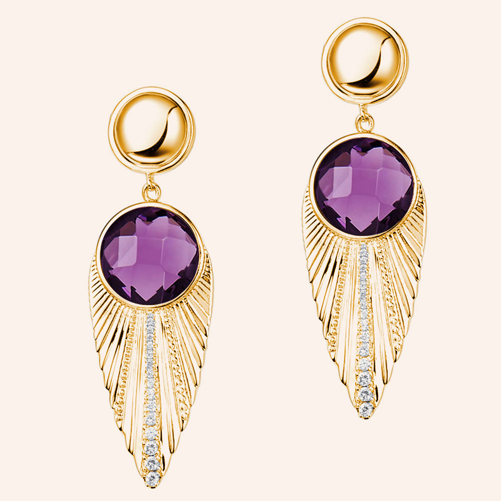 "Deco Owl" Round Purple Crystal Drop Earrings