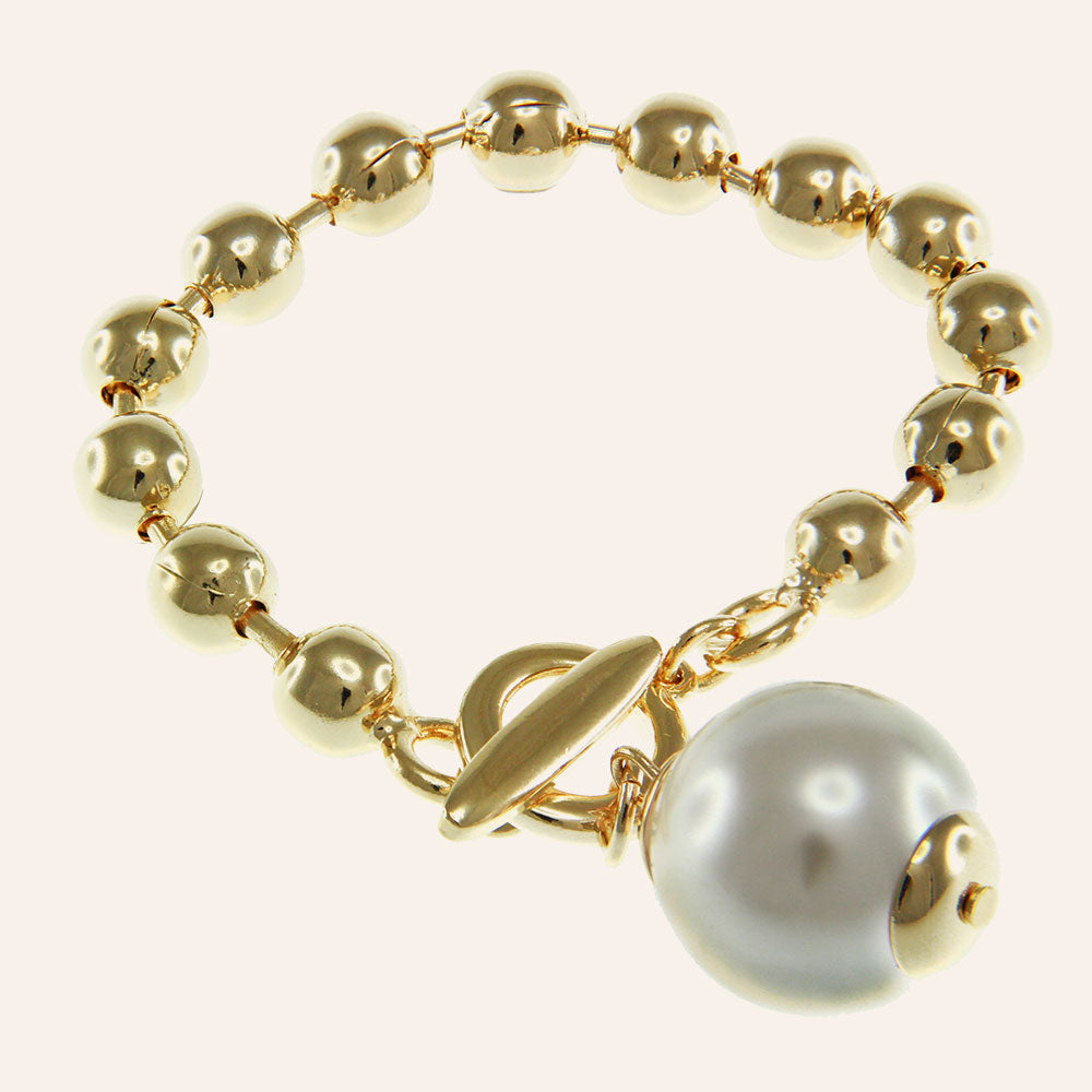 18K YG Plated Glass Pearl Charm Toggle Bracelet
