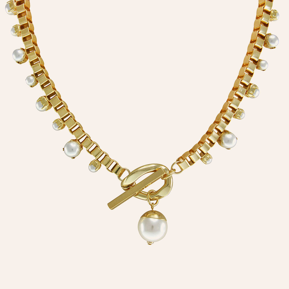 18K YG Plated Glass Pearl Pendant Box Chain Toggle Necklace