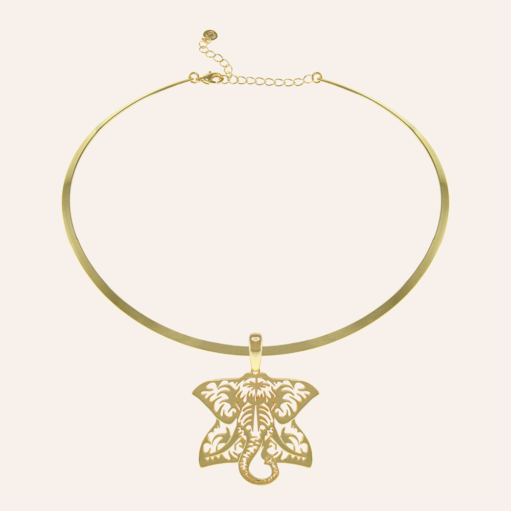 "Animal Instinct" Elephant Goldtone Laser-Cut Pendant with 16" Collar Necklace