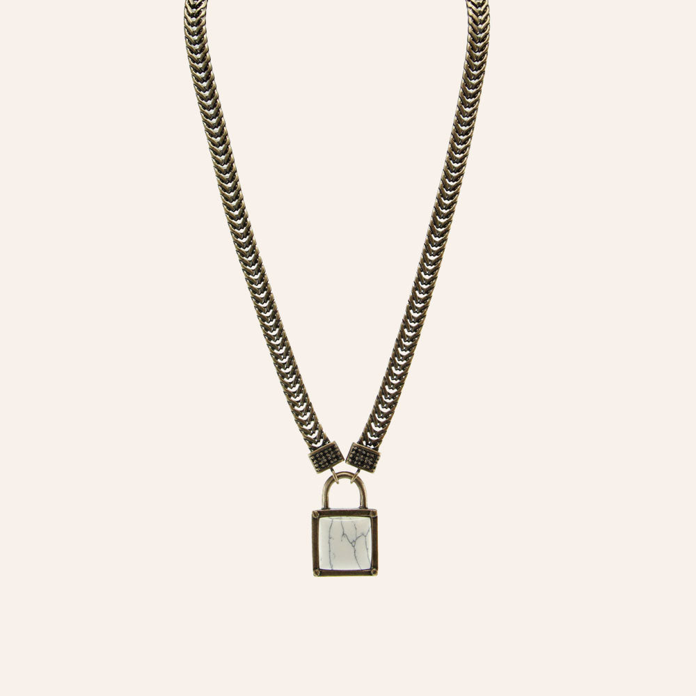 White Howlite Cabochon Padlock Necklace