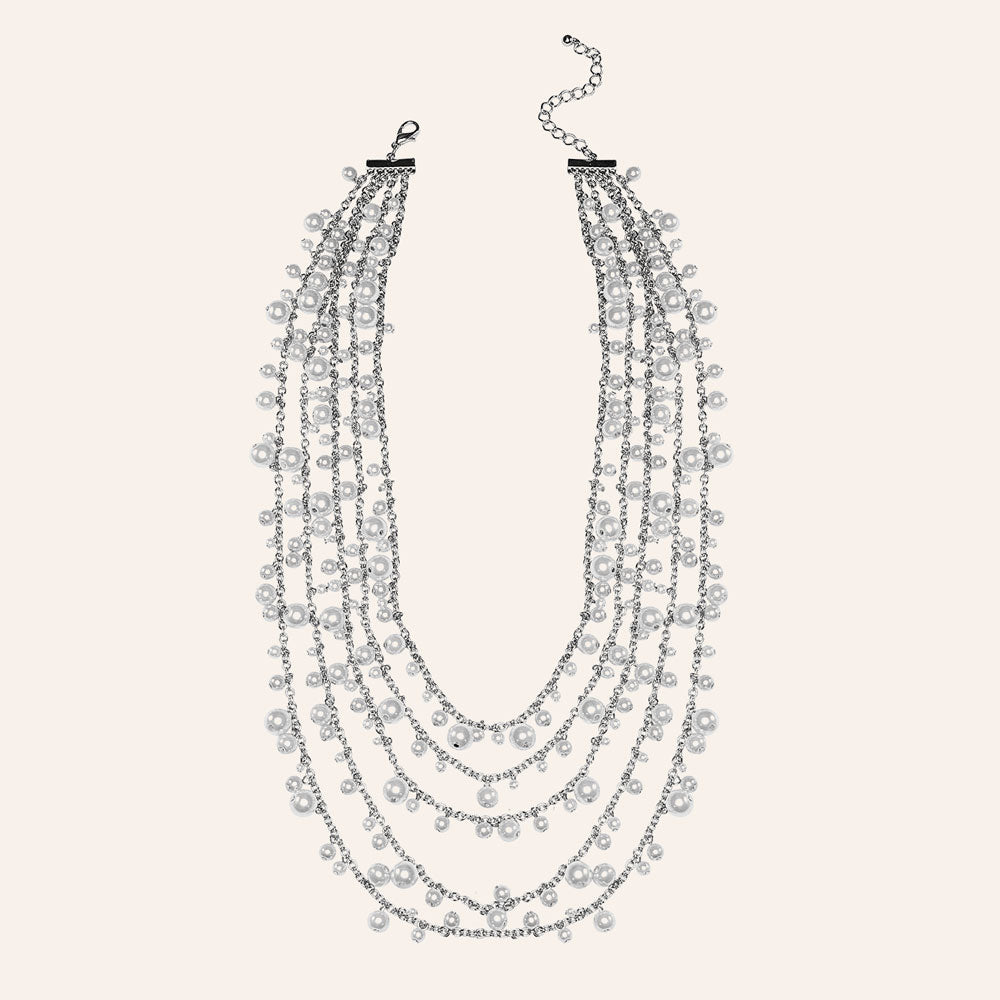 "Glam Pearls" 5 rows layered statement necklace / Silver Tone