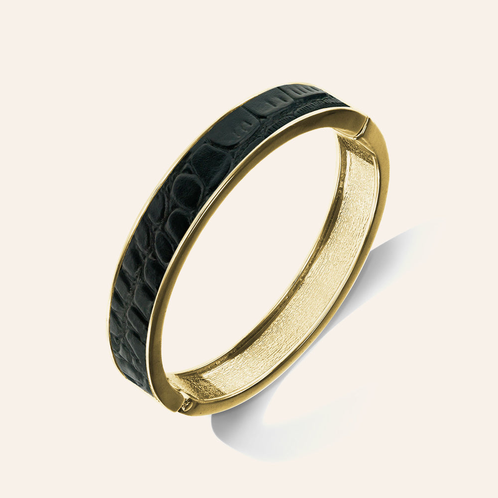 "Sabi Colori" Noir Black Inlay Thin Hinge Bangle -Goldtone