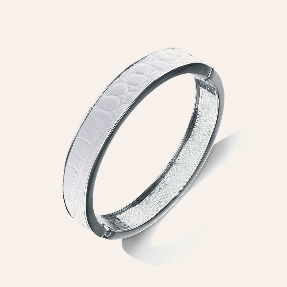 "Sabi Colori" Glazier White Inlay Thin Hinge Bangle- Silvertone