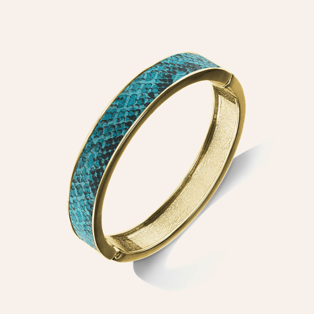"Sabi Colori" Viridian Blue Python Inlay Thin Hinge Bangle- Goldtone