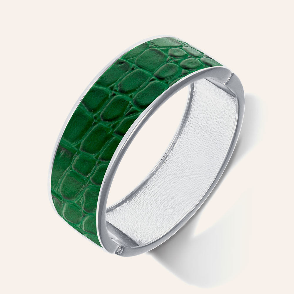 "Sabi Colori" Twilight Green Inlay Wide Hinge Bangle -Silvertone