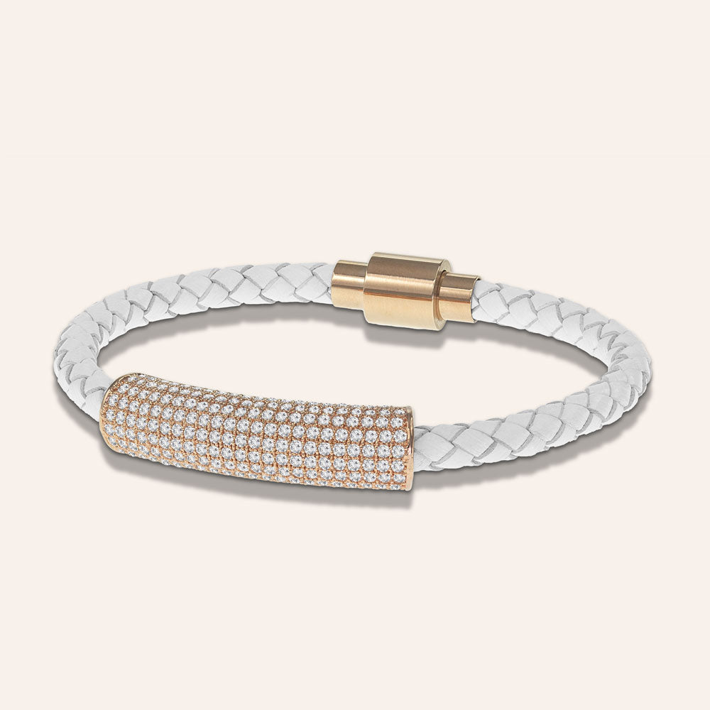"Icon Forever" Woven Genuine Leather Bracelet - Rose Gold - White