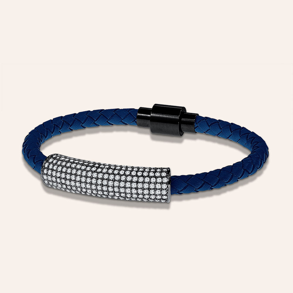 "Icon Forever" Woven Genuine Leather Bracelet - Hematite - Navy Blue