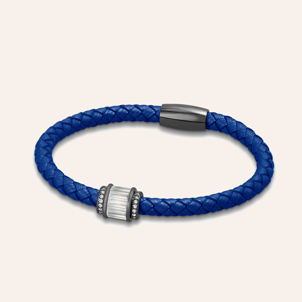 "Charming Baguette" Woven Genuine Leather Bracelet - Hematite - Blue