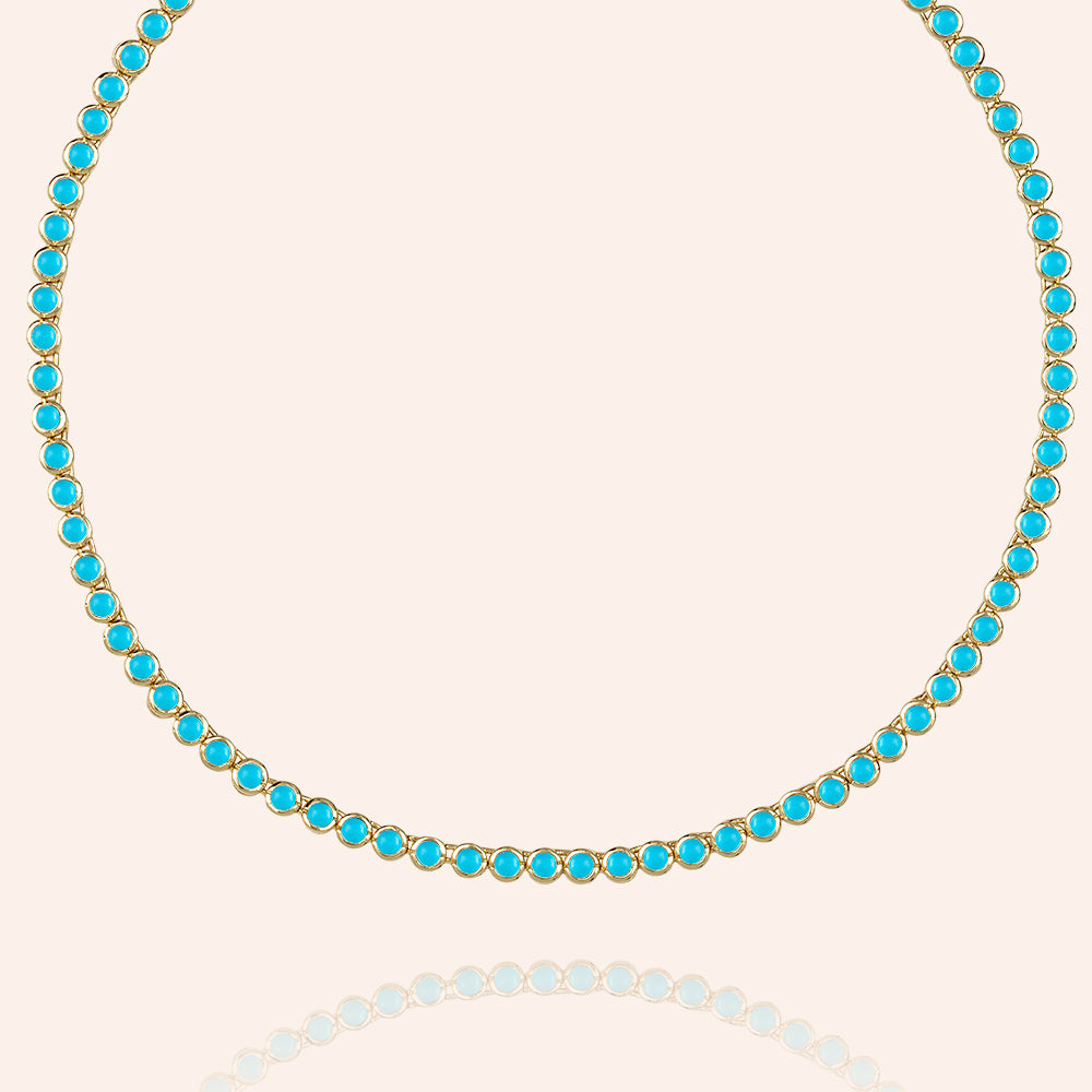 "Milestone" Round Cut Bezel Set Turquoise Tennis Necklace - Gold