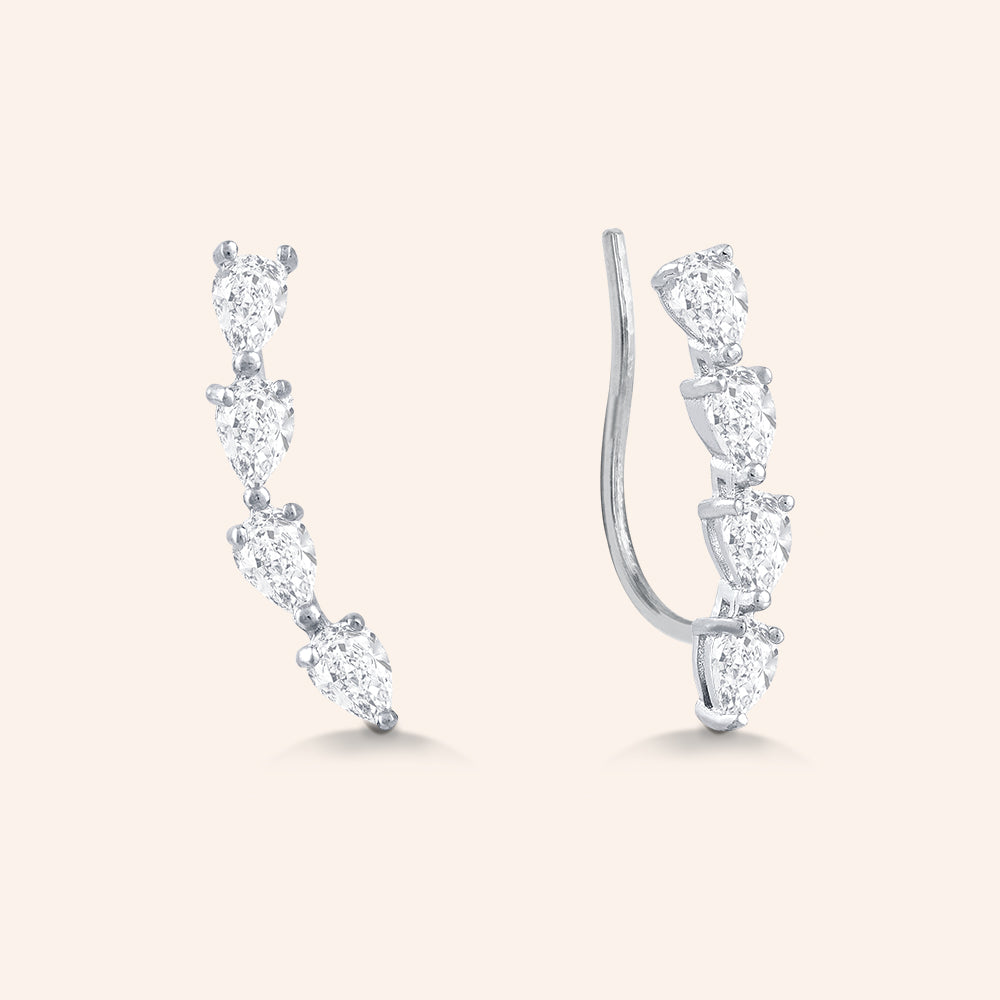 "Glam Voyage" 2.1CTW Pear Cut Stones Climber Earrings - Sterling Silver