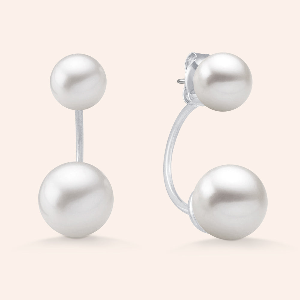 "Loyal Duet" White Pearls Front Back Earrings - Sterling Silver