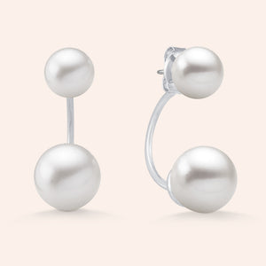 "Loyal Duet" White Pearls Front Back Earrings - Sterling Silver
