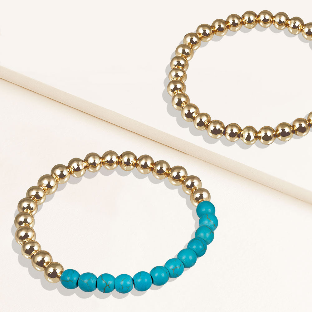 "Serena"  Set of Two Turquoise & Highly Polished Beads Stretch Bracelets