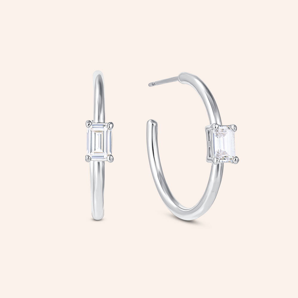 "For a Lifetime" Emerald Cut Highly Polished 1" Hoop Earrings