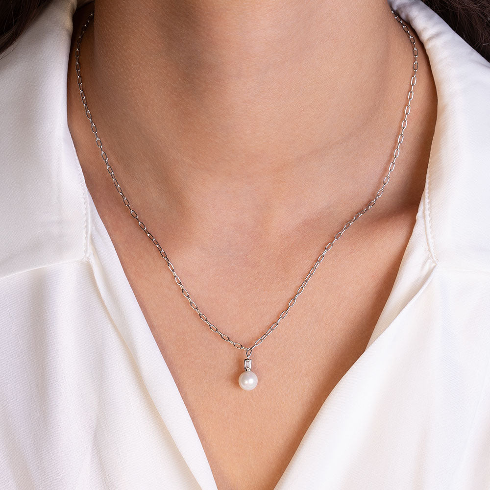 "Ariel" 0.2CTW Baguette & Pearl Pendant Necklace