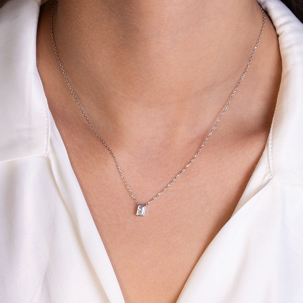 "Pretty Precious" 1.1CTW Sterling Silver Bezel Set Emerald Cut Pendant Necklace