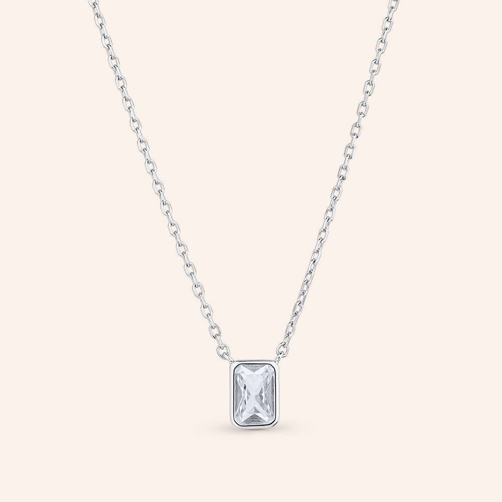 "Pretty Precious" 1.1CTW Sterling Silver Bezel Set Emerald Cut Pendant Necklace