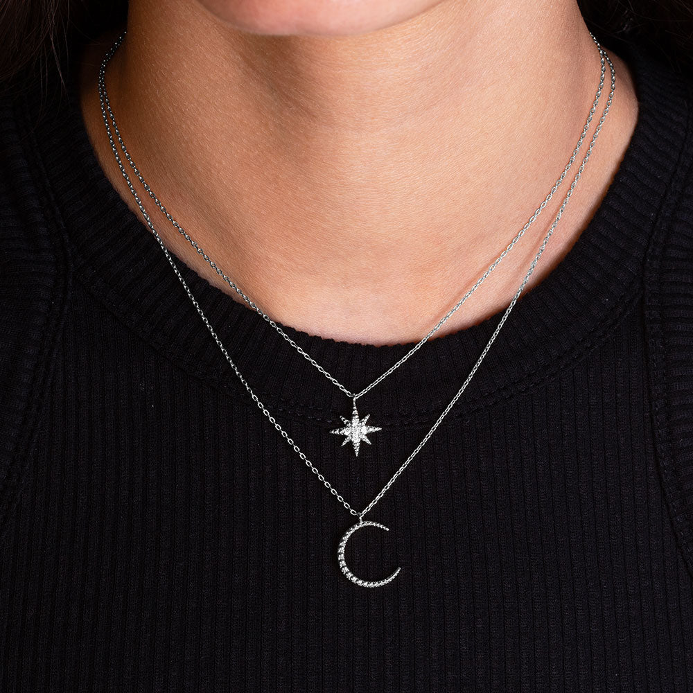 "Cosmic" 0.1CTW Pave Star & Moon Layered Necklace