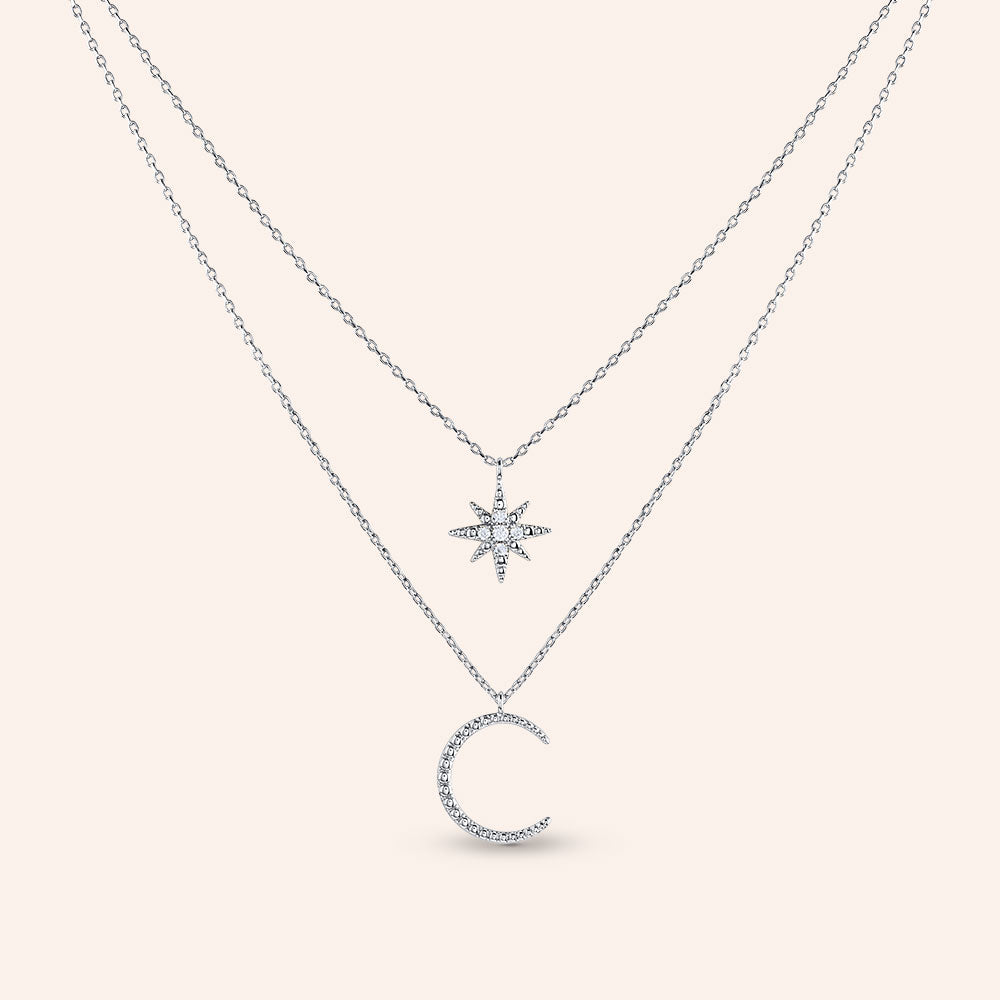 "Cosmic" 0.1CTW Pave Star & Moon Layered Necklace