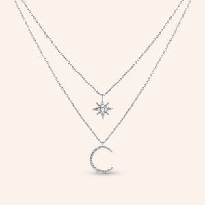 "Cosmic" 0.1CTW Pave Star & Moon Layered Necklace