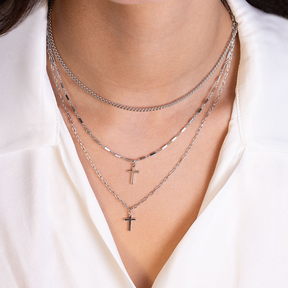 Divine Set Of Three Cross & Curb Chain Layering Necklaces - DSF