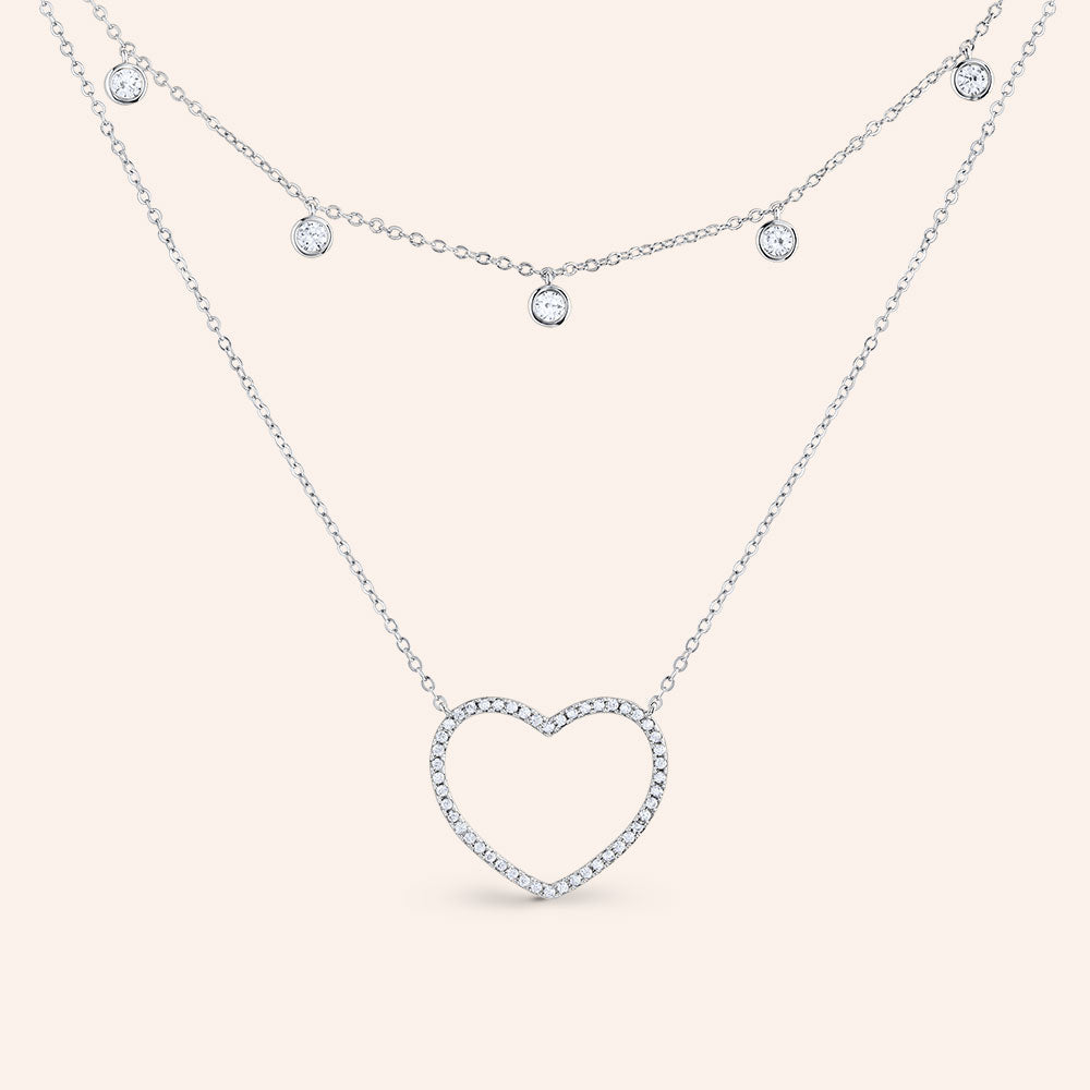 "Dakota" 4.3CTW Set of Two Pave Open Heart & Bezel Set Stones Layering Necklaces