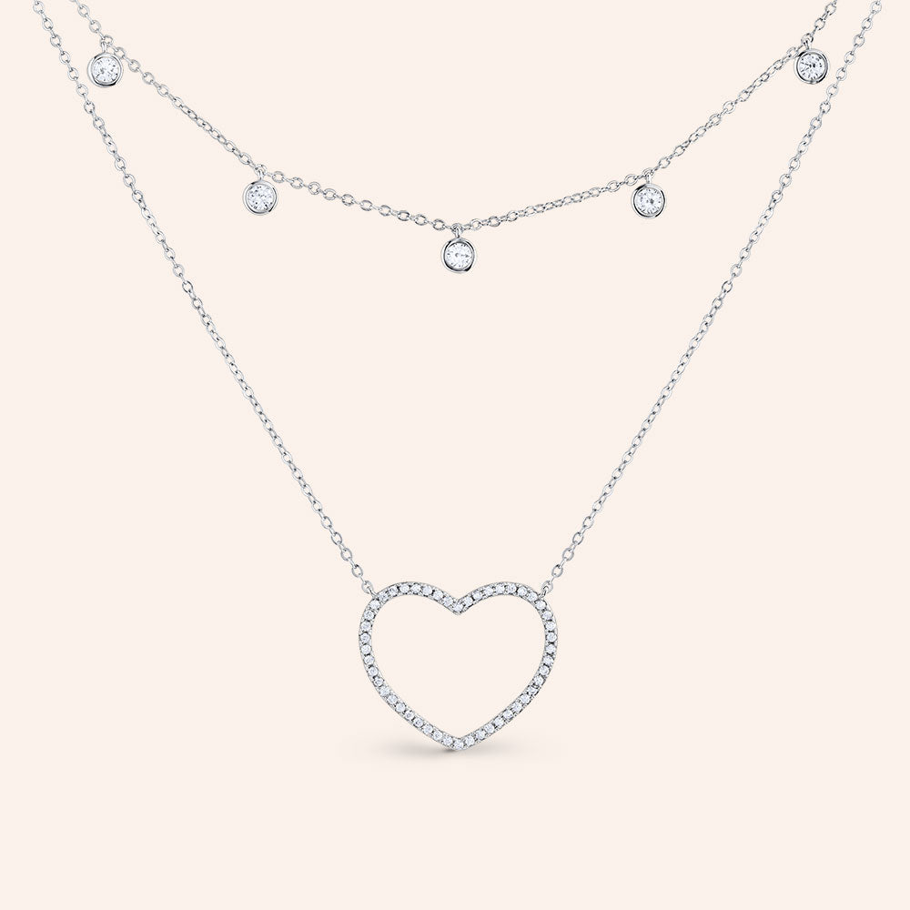 "Dakota" 4.3CTW Set of Two Pave Open Heart & Bezel Set Stones Layering Necklaces