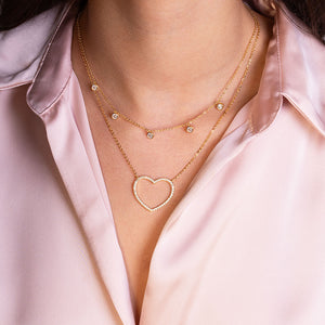 "Dakota" 4.3CTW Set of Two Pave Open Heart & Bezel Set Stones Layering Necklaces