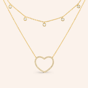 "Dakota" 4.3CTW Set of Two Pave Open Heart & Bezel Set Stones Layering Necklaces