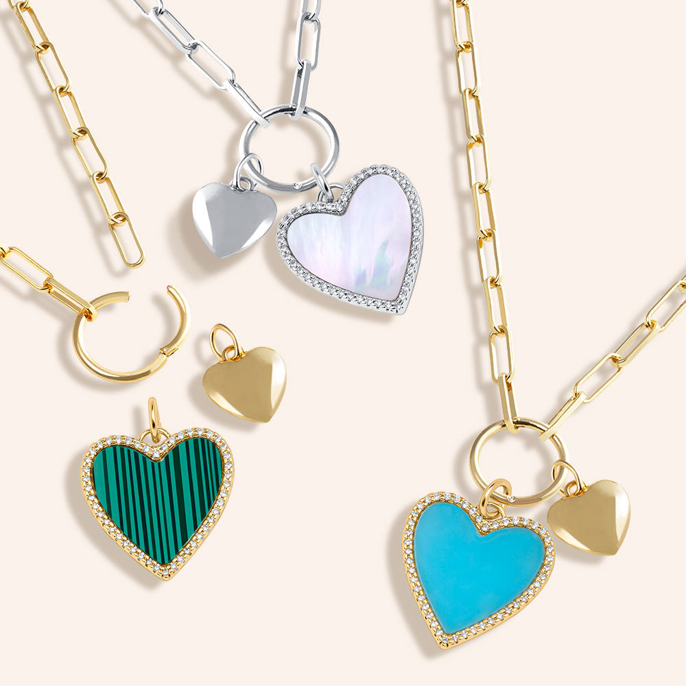 "Love Charming" Multi Charm Thin Link Chain 18" Necklace Set - Dual Heart Charms