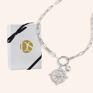 "Navigator" Multi Charm Thin Link Chain 18" Necklace Set - Compass & Drop Charms