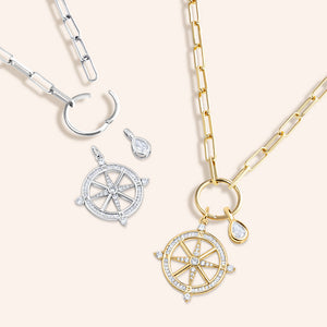 "Navigator" Multi Charm Thin Link Chain 18" Necklace Set - Compass & Drop Charms