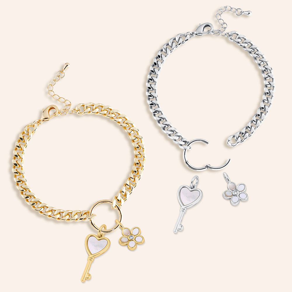 "The Start of a  Beginning" Multi Charm Curb Chain Bracelet - Flower & Key Charms