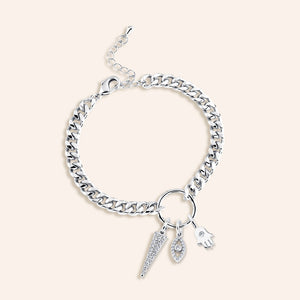 "Three Times a Charm" Multi Charm Curb Chain Bracelet - Evil Eye, Hand & Spike Charms