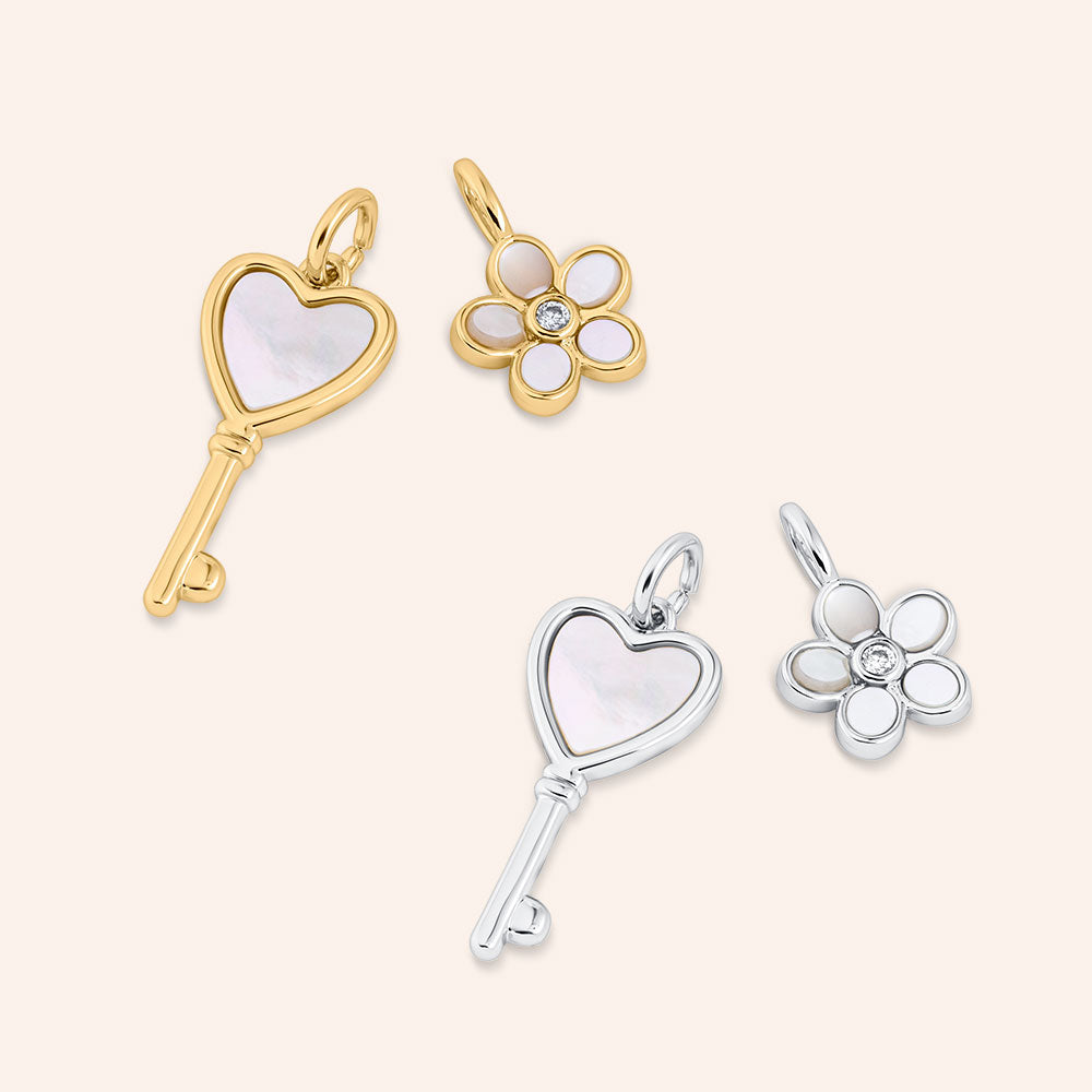 "Key To My Heart" Set of Two Mother of Pearl Flower & Key Charms